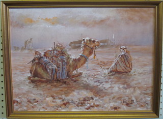 Oil on canvas "Seated Nomad with Camel" 11 1/2" x 15" 1/2", indistinctly signed