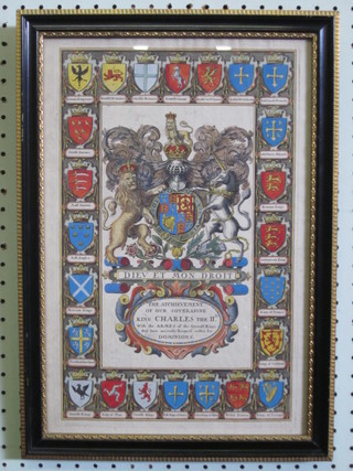 A coloured plate "The Achievements of our Sovereign Charles  II" 15" x 10", contained in a Hogarth frame
