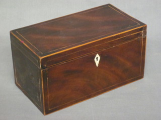 A 19th Century mahogany twin compartment tea caddy with  hinged lid, ivory escutcheon and satinwood stringing, 8"
