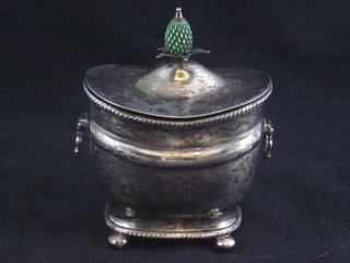 A Georgian style oval twin handled silver caddy with gadrooned border and pineapple finial, raised on 4 bun feet, Birmingham  1913, 8 ozs