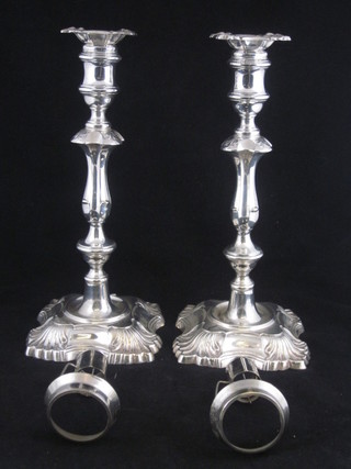 A handsome pair of Edwardian Rococo style silver plated candlesticks with detachable sconces by Walker & Hall 12"