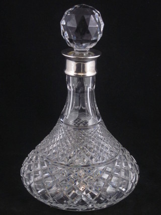 A modern cut glass ships decanter with silver collar