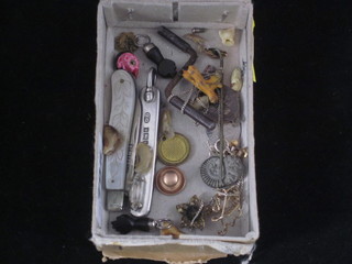 A silver bladed fruit knife with mother of pearl grip, a silver folding pocket knife and a small collection of curios
