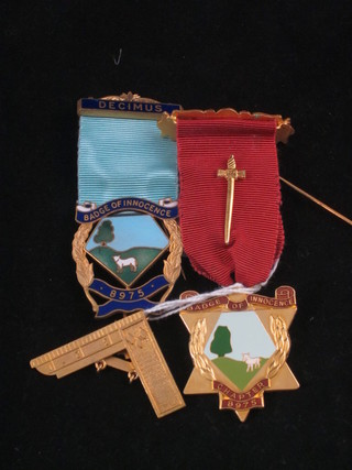 A gilt metal and enamel Past Master's breast jewel Badge of Innocence Lodge no.8975 together with a gilt metal Founder's  jewel Badge of Innocence Chapter founding janitor