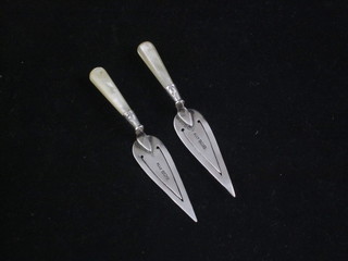 2 silver bladed book marks in the form of trowels with mother of pearl handles, Birmingham 1924 and 1926