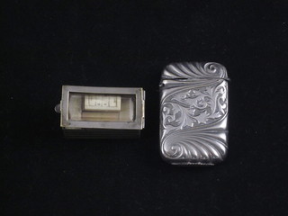 25 various miniature bone dominoes and 1 other contained in a ribbed rectangular silver plated box with hinged lid, together with  a silver plated vesta case