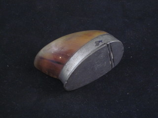 A snuff mull in the form of a deers slot with pewter mount