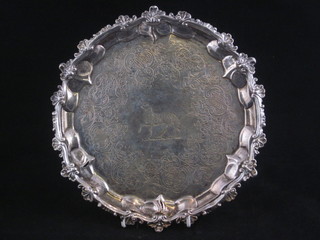 A George III engraved silver salver with bracketed border, the centre engraved a walking heraldic beast, raised on 3 panel  supports, London 1796, 10 ozs  ILLUSTRATED
