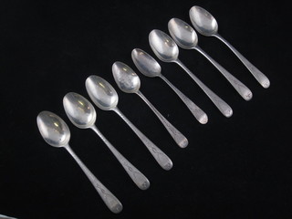 A set of 6 Georgian silver old English pattern teaspoons with bright cut decoration, London 1873 and 2 similar teaspoons, 3  ozs