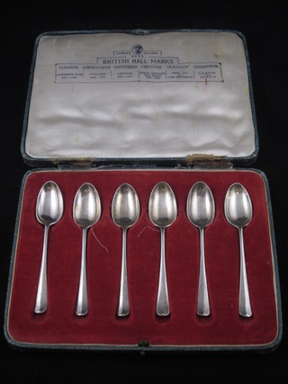 A set of 6 silver Old English pattern specimen assay marked  coffee spoons, marked London, Birmingham, Sheffield, Chester,  Glasgow and Edinburgh, 1935, 3 ozs, with Jubilee hallmark,  cased