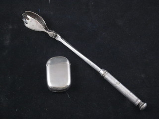 A silver plated pickle fork and a miniature vesta case