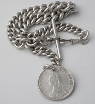 A heavy silver curb link Albert watch chain hung a Victorian half  crown, 5 ozs