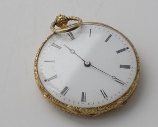 An open faced fob watch, contained in a gold chased case with enamelled dial and Roman numerals