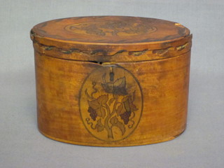 A 19th Century oval parquetry caddy with hinged lid, f, 7"