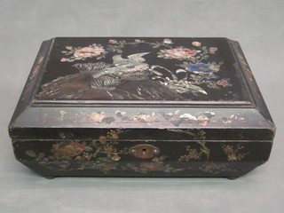 A 19th Century lacquered sarcophagus shaped work box with  hinged lid , raised on bun feet 15 1/2"