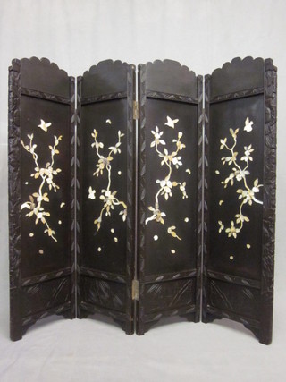 A Victorian lacquered and inlaid mother of pearl 4 fold fire screen