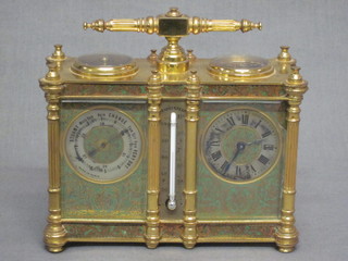 A handsome French 8 day carriage clock/barometer contained in  a gilt and green enamelled case, the top inset a compass with  thermometer, barometer and clock dial, 6"   ILLUSTRATED