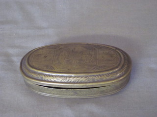 An 18th Century oval engraved tobacco box with hinged lid, decorated scenes and with inscription, 5"
