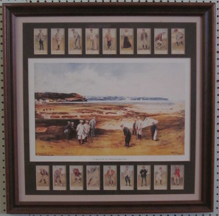 A set of 21 John Players cigarette cards - Golf Swings and a set  of 18 framed re-strike cigarette cards - A Match at Westwood Ho