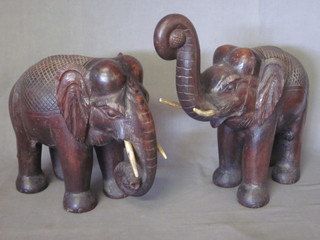 2 carved wooden figures of elephants 14"