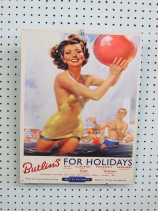 A reproduction enamelled advertising sign - Butlins for Holidays 16" x 12"