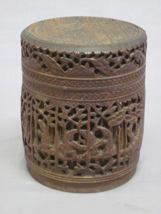A cylindrical carved bamboo jar and cover 5 1/2", crack to lid,