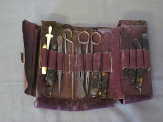 13 various 19th Century medical instruments, some with  tortoiseshell grips contained in a leather roll case