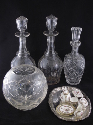 3 various cut glass decanters and stoppers, a cut bowl bowl etc