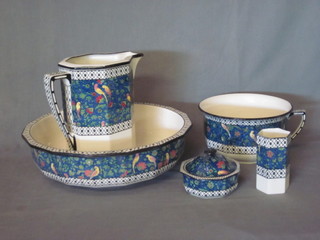 A Royal Doulton 5 piece wash bowl set comprising 16" wash  bowl, 10" jug, chamber pot, tooth brush pot - cracked and a soap dish and cover, the base marked Royal Doulton D4031
