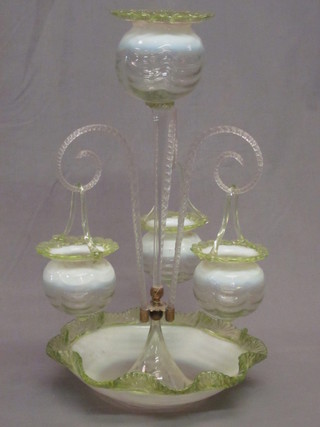 A green and white Vaseline glass epergne having a central bowl and 3 baskets hung on clear glass crook shaped stems 22"   ILLUSTRATED