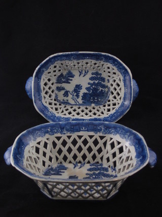 A pair of 18th/19th Century blue and white Willow pattern ribbonware twin handled dishes 9", some chips,   ILLUSTRATED