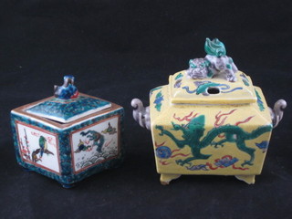 An Oriental yellow glazed rectangular jar and cover 3" and a lozenge shaped ditto