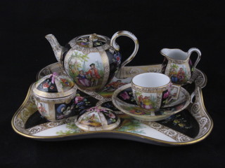 A 5 piece Dresden cabaret set comprising twin handled tray 9 1/2", teapot, cup and saucers, cream jug, jar and cover and lid,  some damage