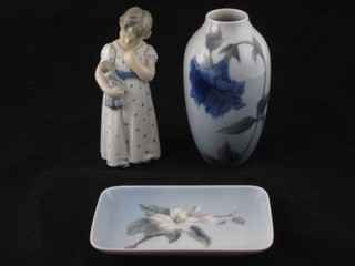 A rectangular Royal Copenhagen porcelain pin tray with floral decoration 5", do. vase 5" and a figure of a standing girl with  bowl 5 1/2"