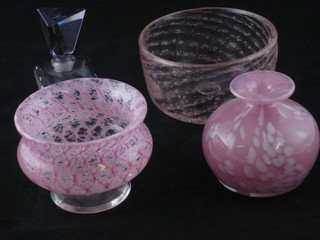 A circular pink glass bowl 5", a pedestal pink glass bowl, do.  vase and a scent bottle