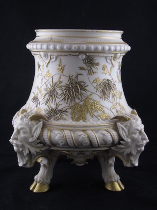 A Victorian Royal Worcester blush ivory vase with gilt decoration, raised on 4 hoof supports, chip to base, 9"