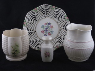 A modern Belleek vase 6", 1 other Belleek vase, an Irish vase 4" and a ribbonware bowl 9"
