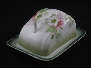 A green glazed floral patterned cheese dish and cover 6 1/2"