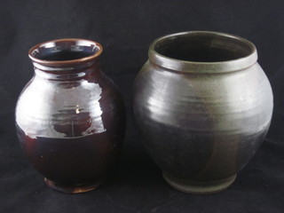 A circular brown glazed Art Pottery vase 7" and 1 other