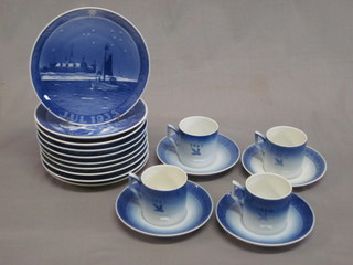 10 various Royal Copenhagen Christmas plates 1935-1937, 1975-1978, 1985, 1984 and 1992, together with a 4 piece Royal  Copenhagen coffee set - Bringing Home the Christmas Tree