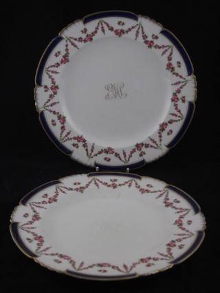 A 54 piece Maple & Co dinner service with floral banding and monogram to the centre comprising 3 oval platters 20", 17", 4  pairs of oval platters 15", 14", 11 1/2", 10 1/2", 12 soup bowls  10", 33 dinner plates 10" - 2 cracked and 6 chipped to rims