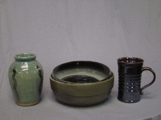 A circular brown glazed Art Pottery vase 7", do. mug 6" and 2  circular bowls by Audrey Samuel