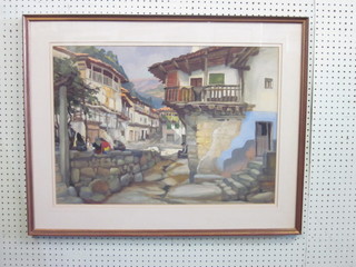 Gaston Marty, watercolour "Spanish  Street Scene with Building and Figures" 20" x 27"