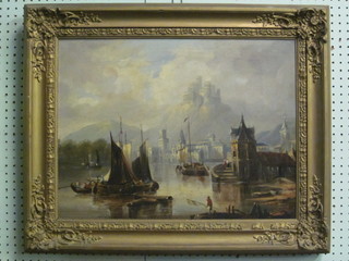 19th Century oil on canvas "Continental Harbour with Buildings" 16" x 21"  ILLUSTRATED