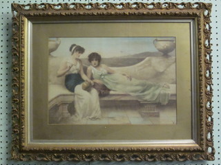 A coloured print "Two Seated Classical Ladies" 11" x 16"