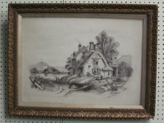 Mabel Ashworth, drawing on glass panel "Country Cottage" 13"  x 19" slight chip, contained in a gilt frame