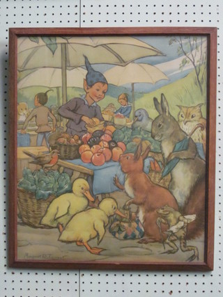 Margaret W Tarrant, a nursery coloured print "Animals at  Market" 20" x 17" contained in a gilt frame