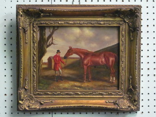 A reproduction oil on board "Huntsman with Horse" 7 1/2" x 9  1/2"