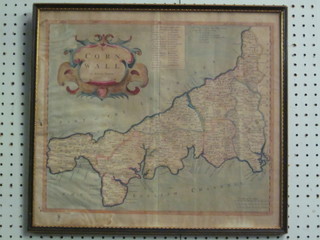 Robert Morden, an 18th Century coloured map of Cornwall,  crease to centre and some holes to margin, 15" x 18"