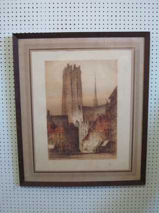 Artists coloured etching "Continental Town Square with Church  Tower" 18" x 12 1/2"
